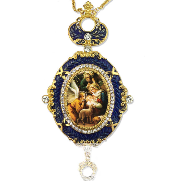 Nativity of Christ Enameled Icon Pendant With Crown 5 3/4 Inch